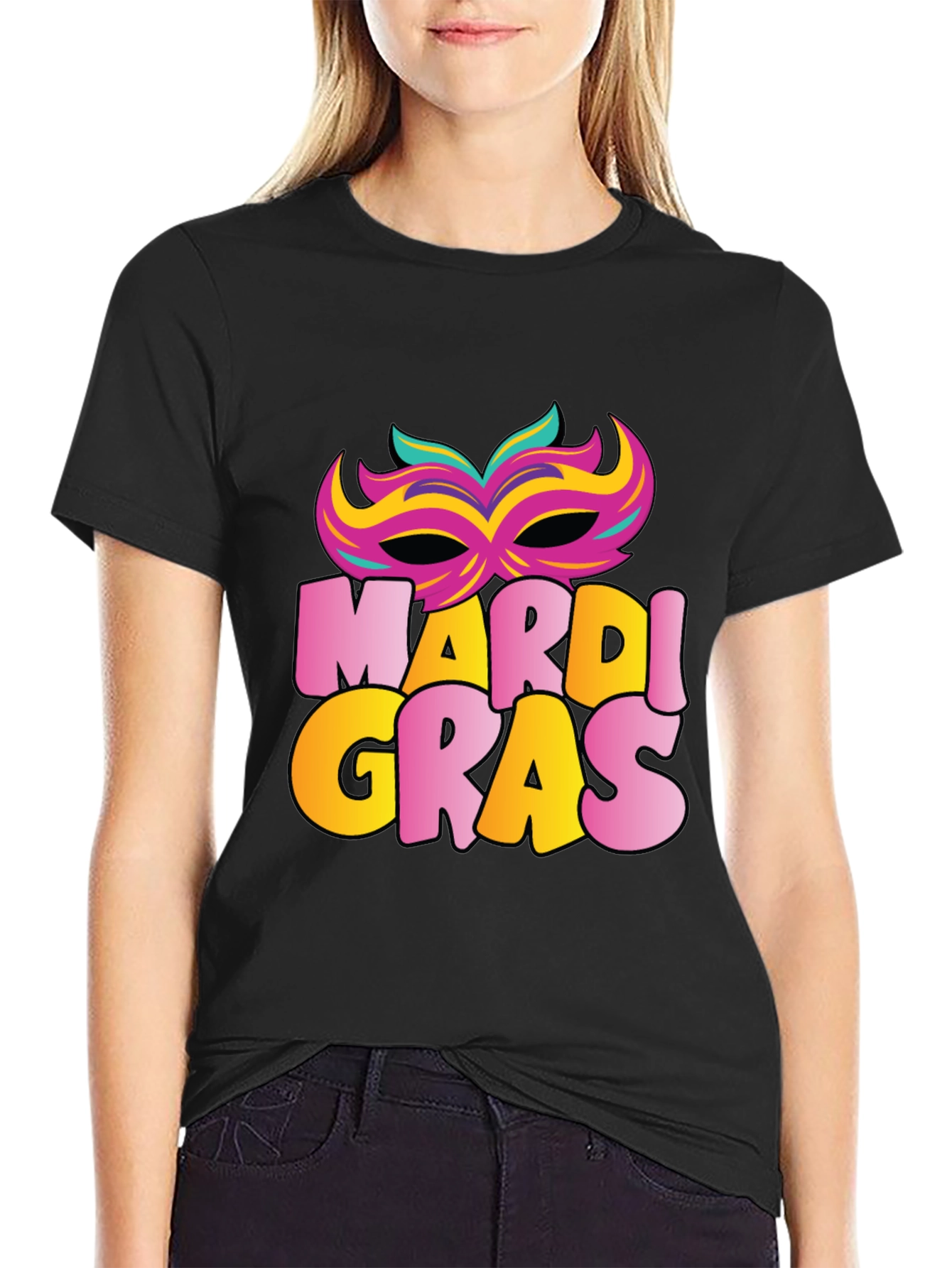 Mardi Gras Mask T-Shirt - Black Cotton Tee
