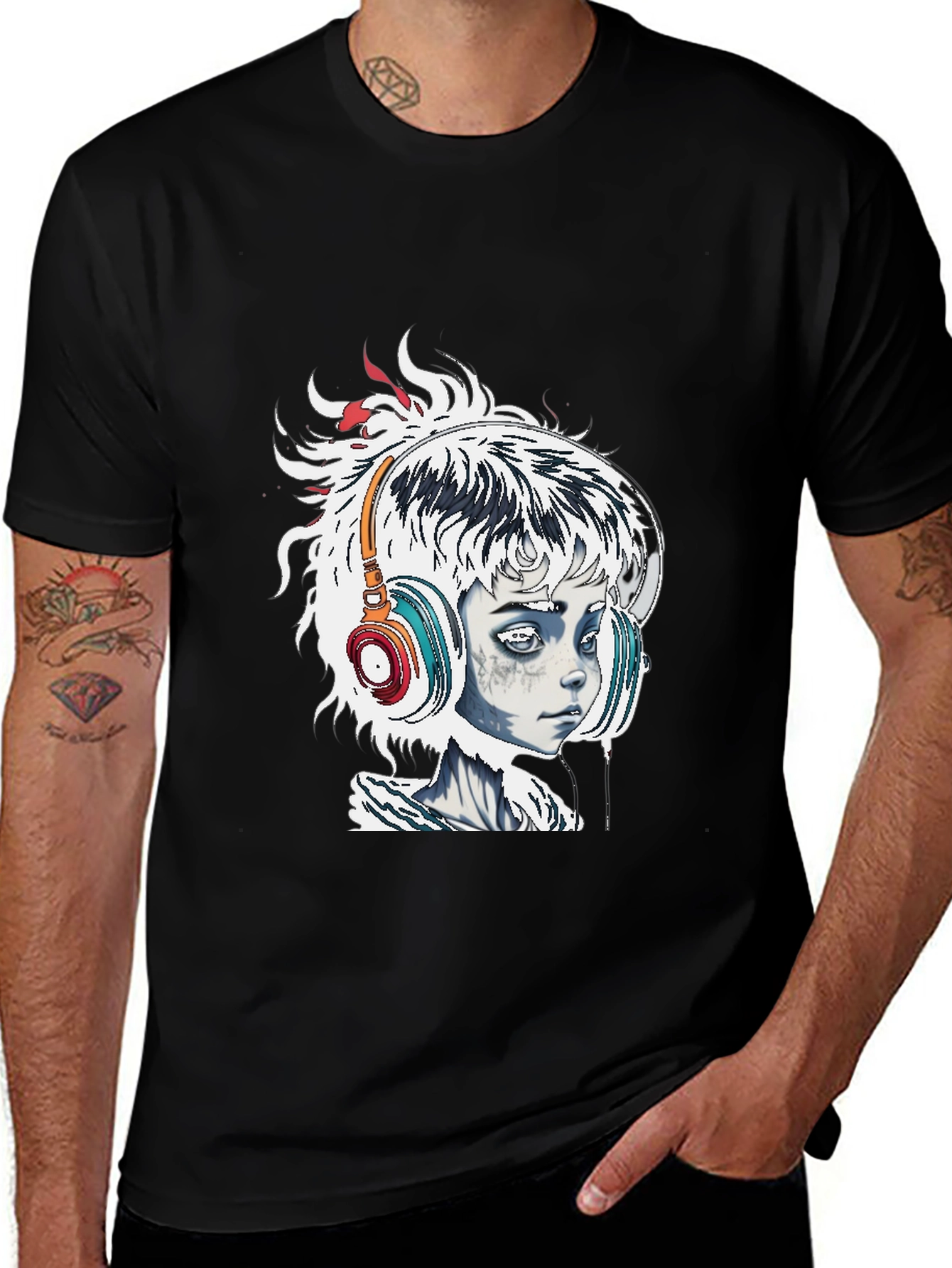 Edgy Graphic Tee - Girl with Headphones Black T-Shirt