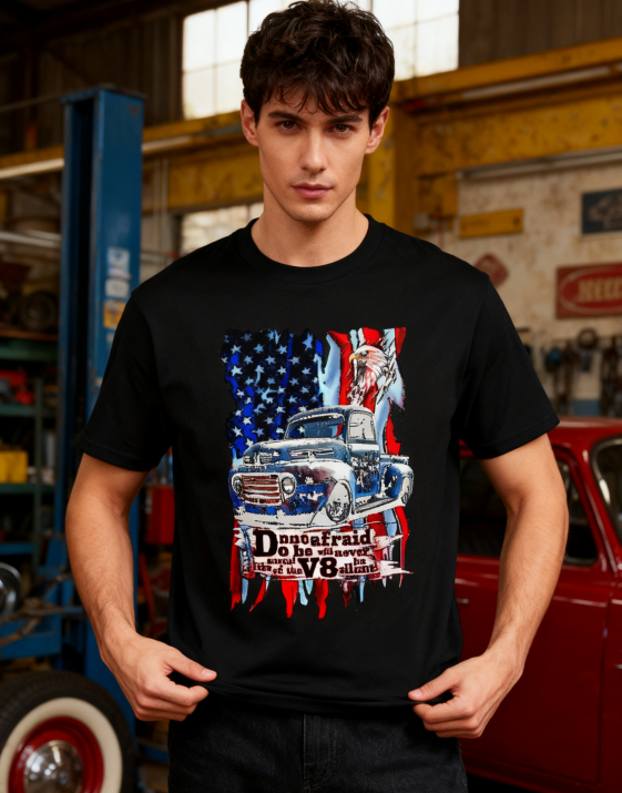 American Vintage Truck & USA Flag T-Shirt - 100% Cotton, Retro Auto Enthusiast Tee for Daily & Outdoor Occasions