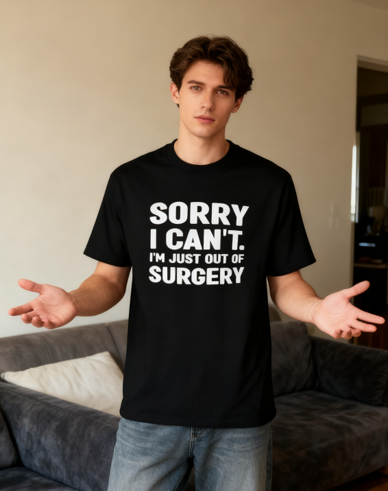 Sorry I Can't. I'm Just Out of Surgery Funny T-Shirt - 100% Cotton, Humorous Tee for Post-Surgery Recovery & Casual Occasions