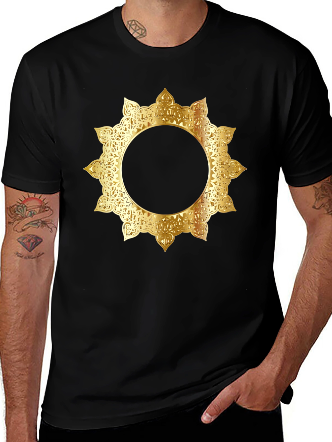 Stylish Black Tee with Gold Mandala Design