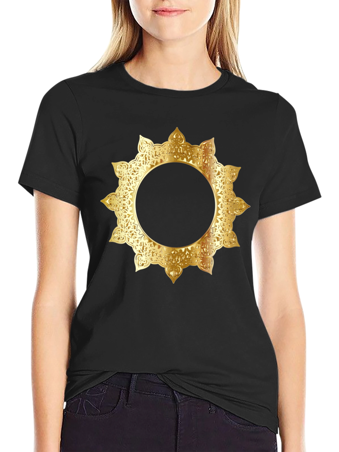 Stylish Black Tee with Gold Mandala Design