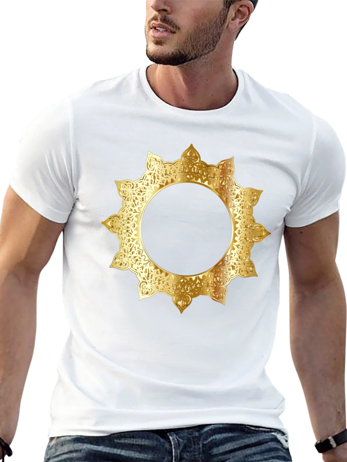 Stylish Black Tee with Gold Mandala Design
