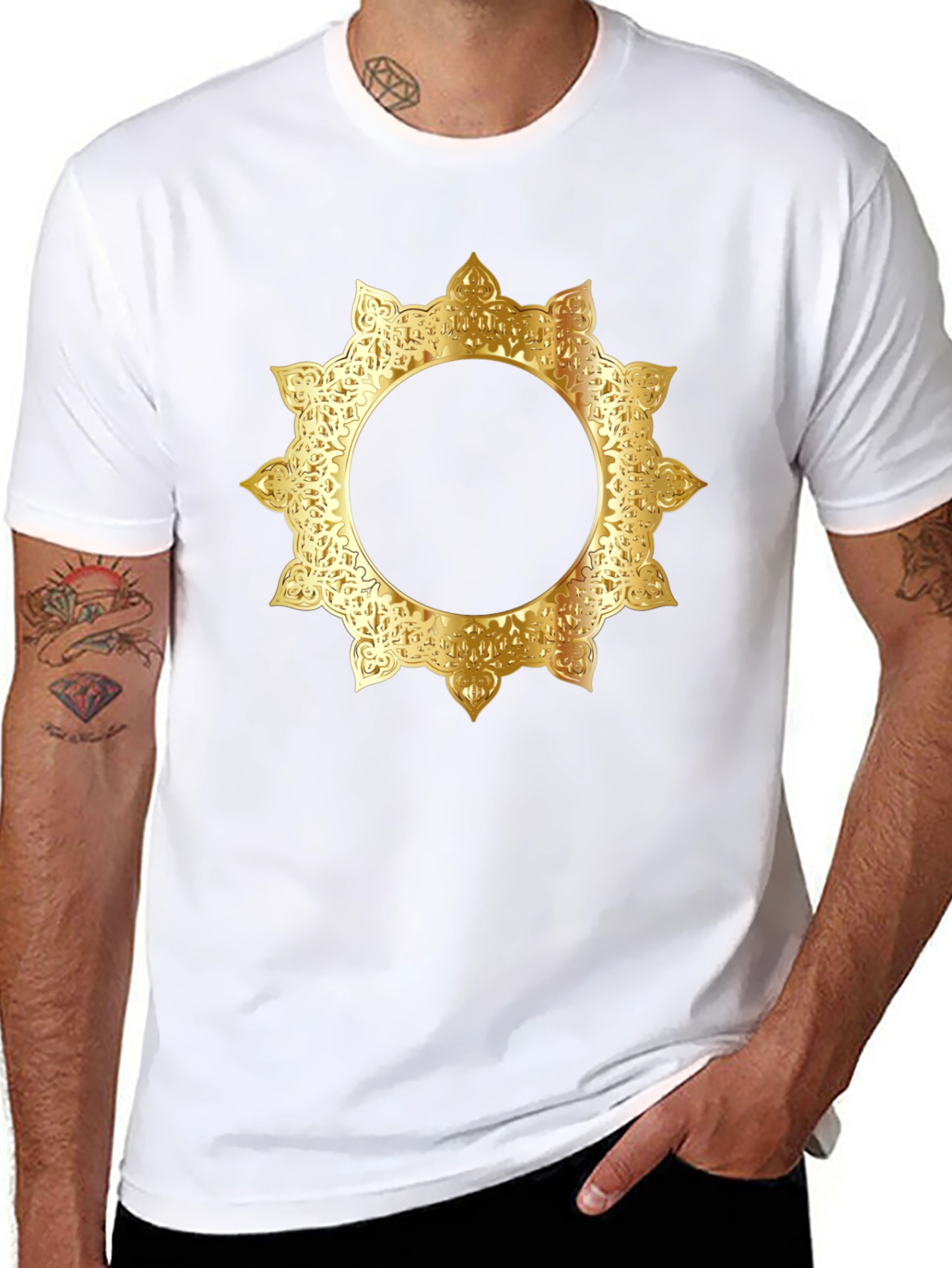 Stylish Black Tee with Gold Mandala Design