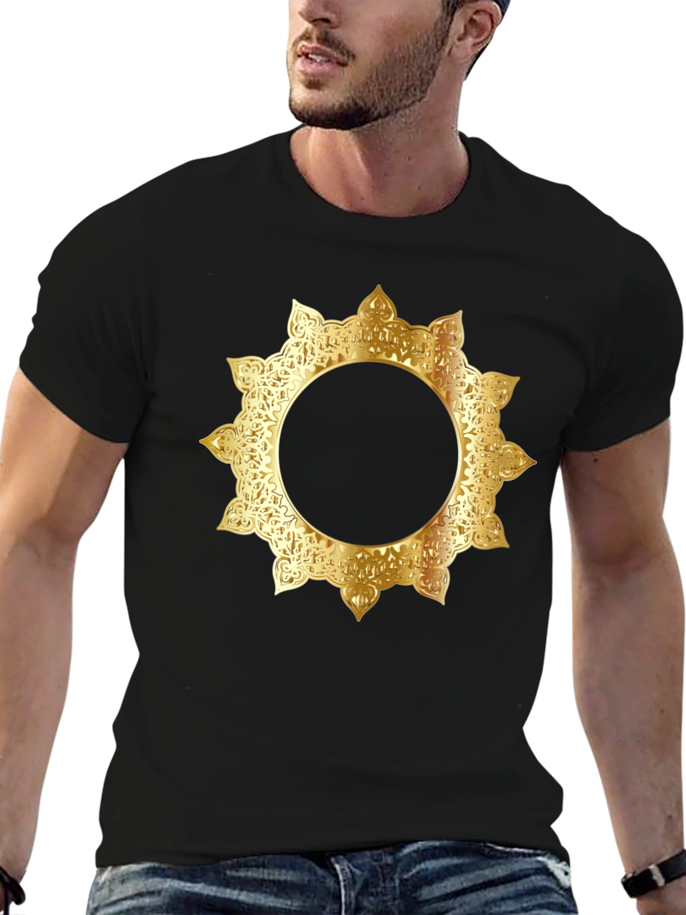 Stylish Black Tee with Gold Mandala Design