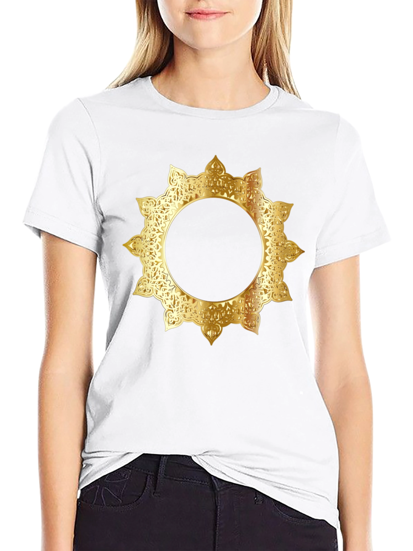 Stylish Black Tee with Gold Mandala Design