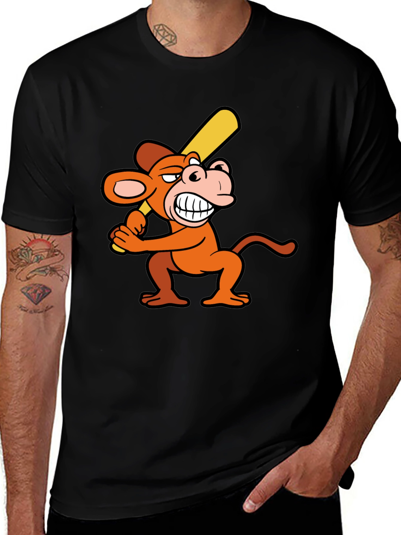 Funny Monkey Baseball Player Black T-Shirt