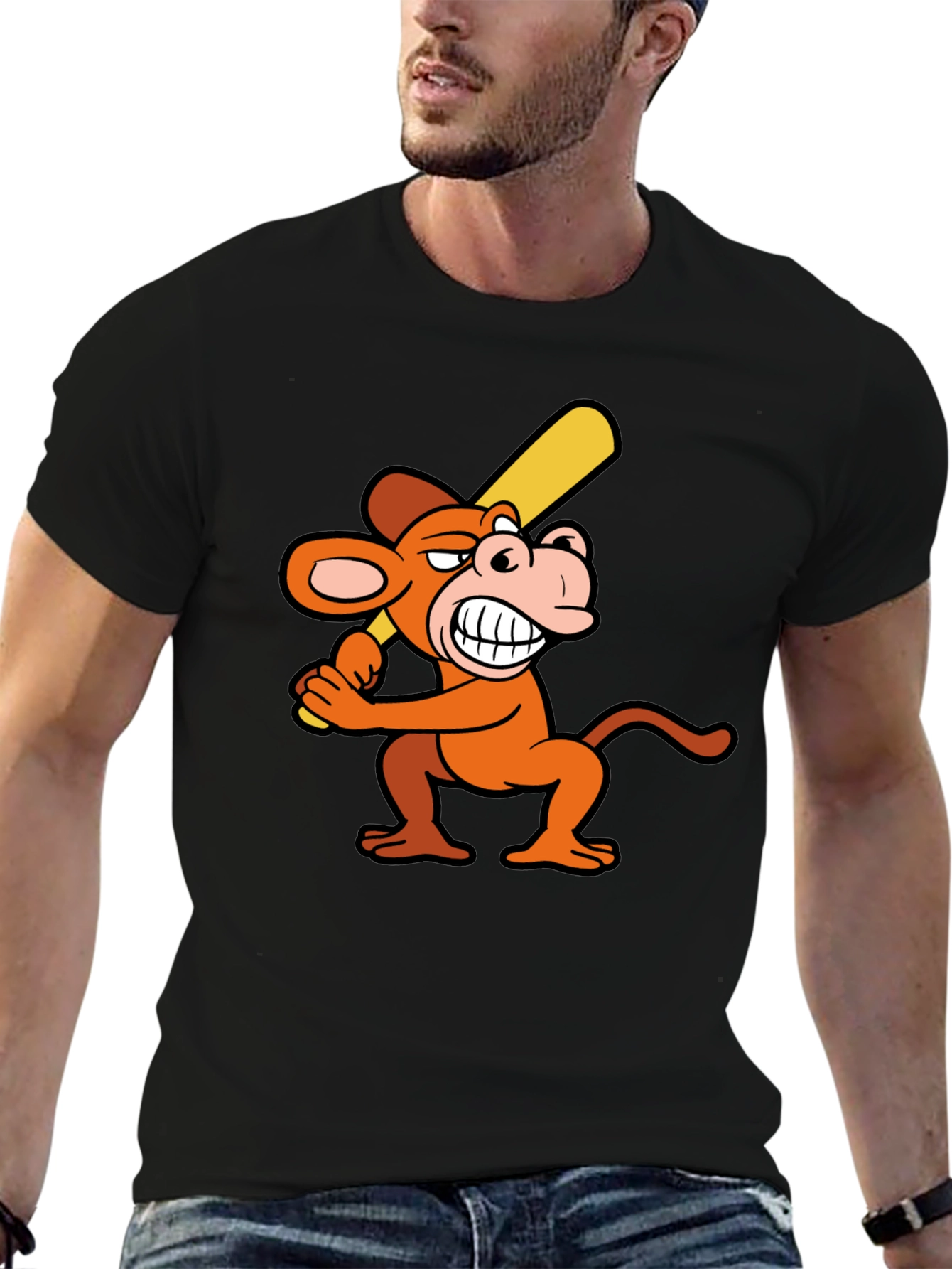 Funny Monkey Baseball Player Black T-Shirt