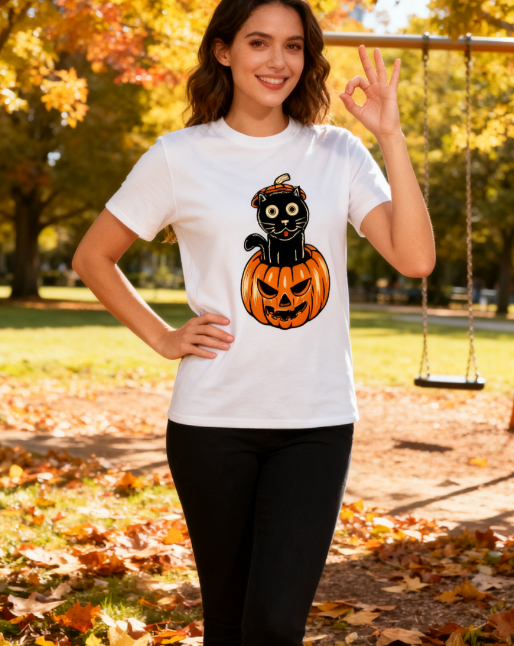 Halloween Black Cat Pumpkin 100% Cotton T-Shirt - Unisex Spooky Season Tee for All Occasions