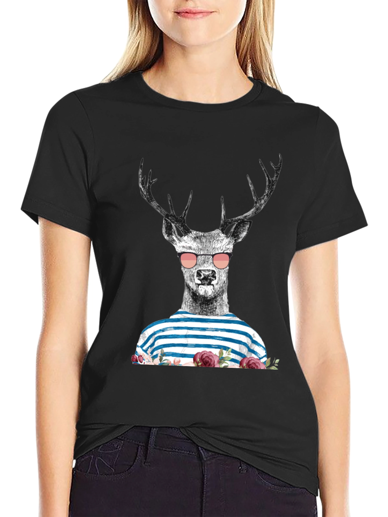 Deer with Sunglasses Graphic Tee - Mens Black T-Shirt