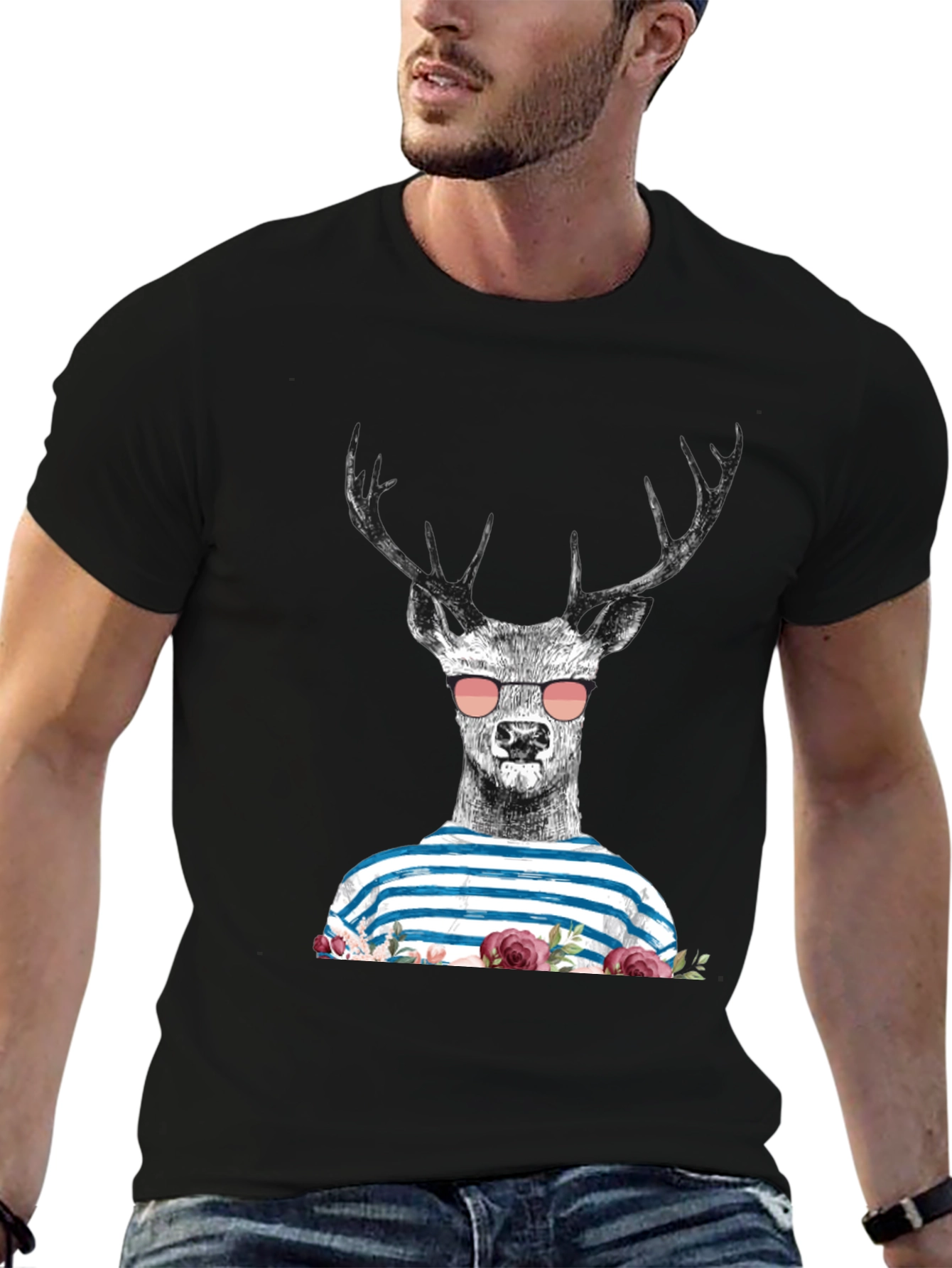 Deer with Sunglasses Graphic Tee - Mens Black T-Shirt