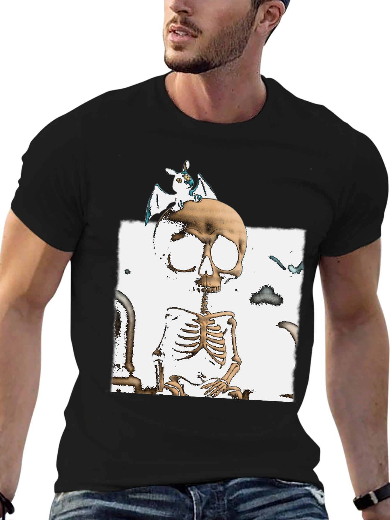 Skull & Bat Graphic T-Shirt - Halloween Style