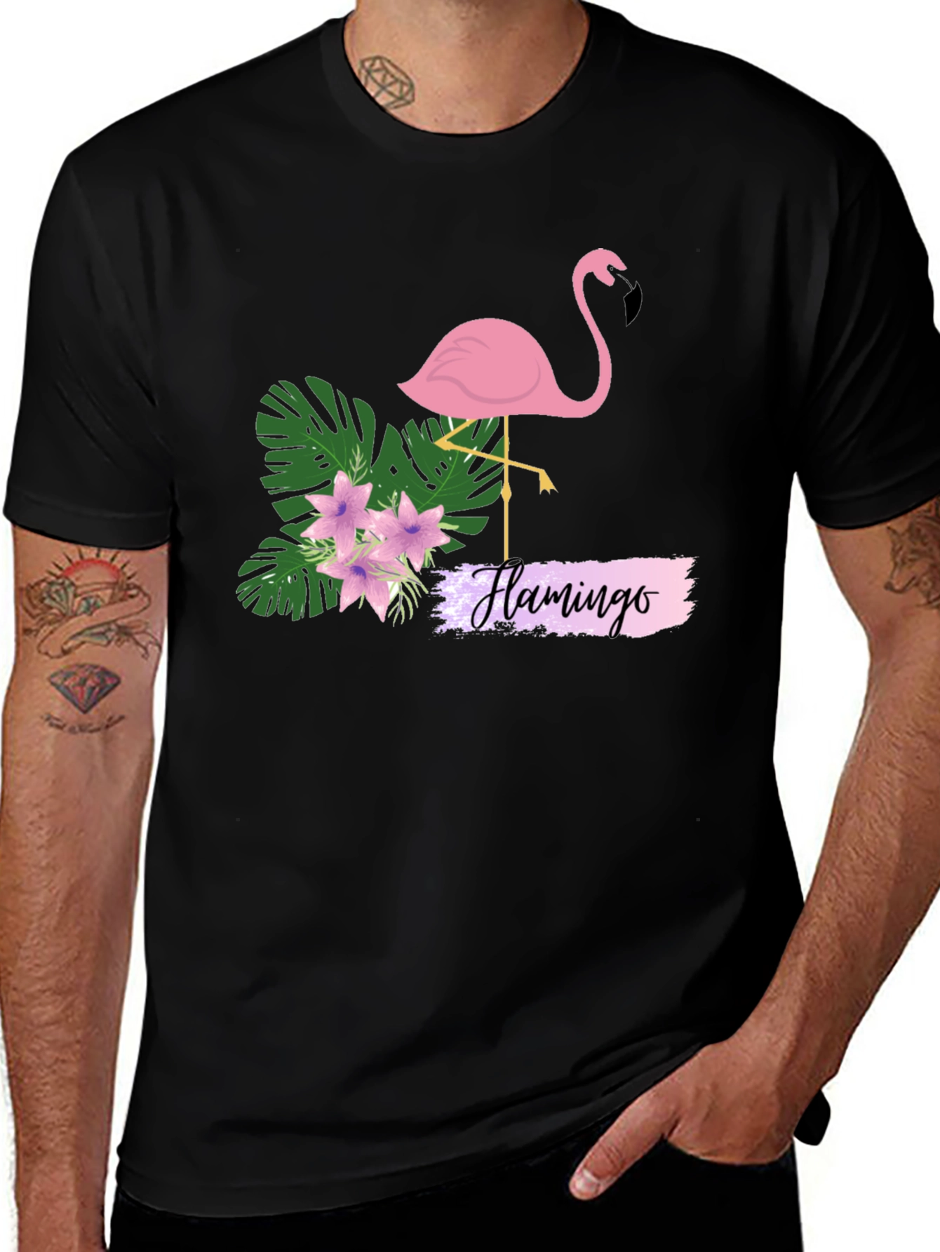 Tropical Flamingo Graphic Tee - Black