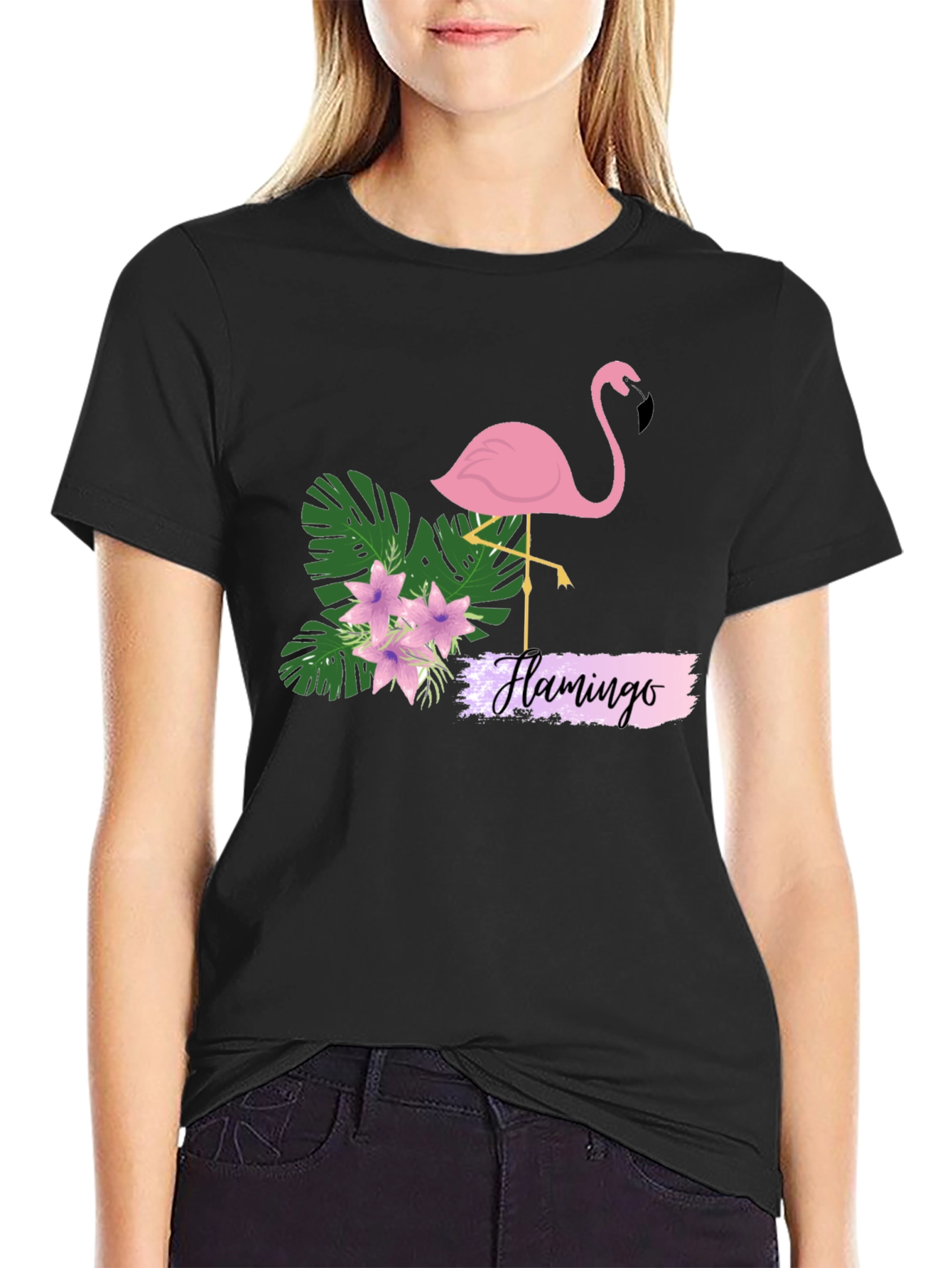 Tropical Flamingo Graphic Tee - Black