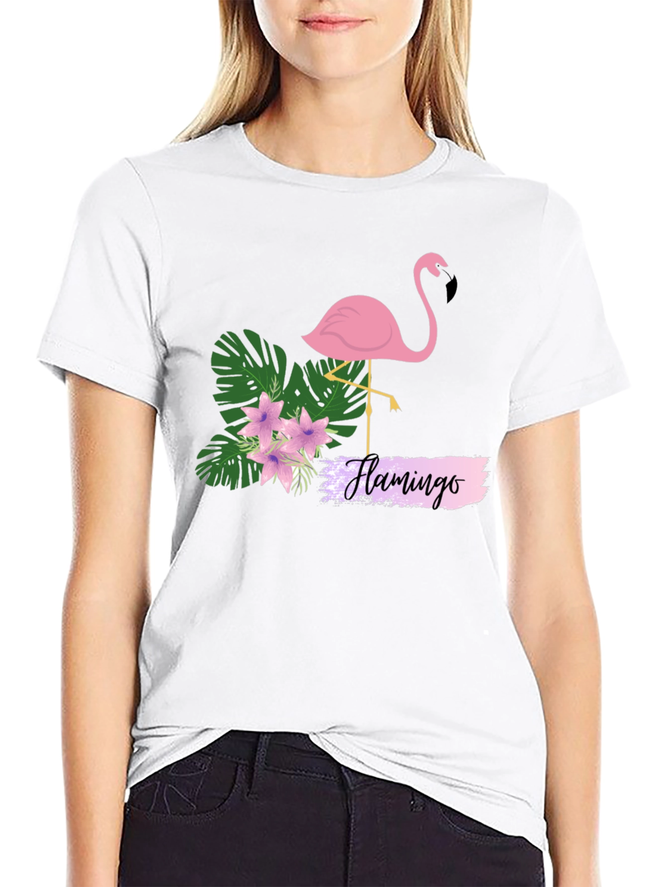 Tropical Flamingo Graphic Tee - Black