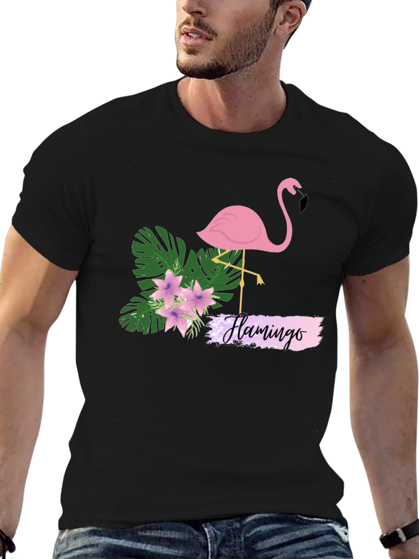 Tropical Flamingo Graphic Tee - Black