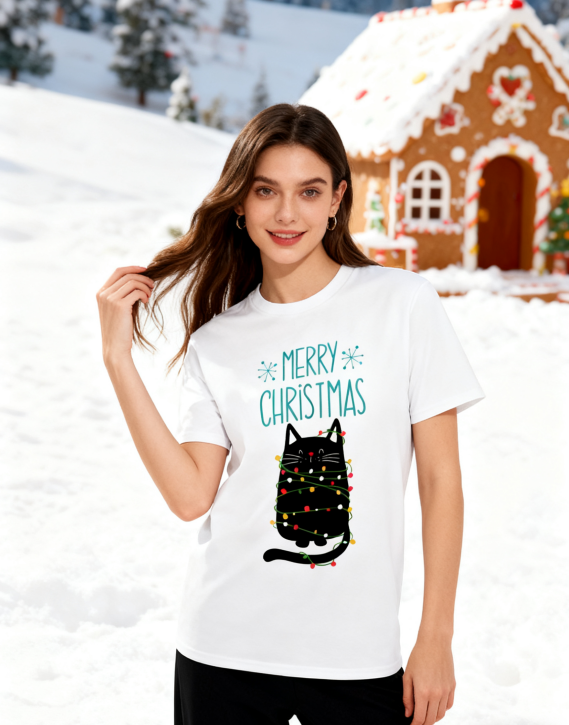 Merry Christmas Black Cat String Lights T-Shirt - 100% Cotton, Cute Festive Tee for Holiday & Casual Occasions