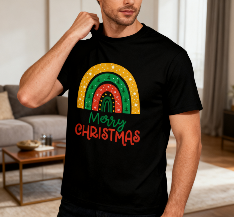 Merry Christmas Rainbow Graphic T-Shirt - 100% Cotton, Festive Tee for Holiday Celebrations & Casual Daily Wear