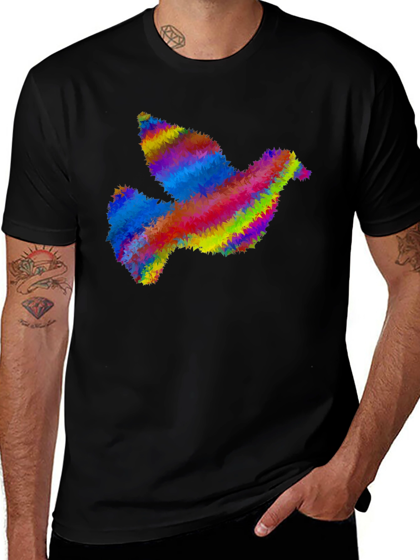 Rainbow Dove Graphic Print Black T-Shirt
