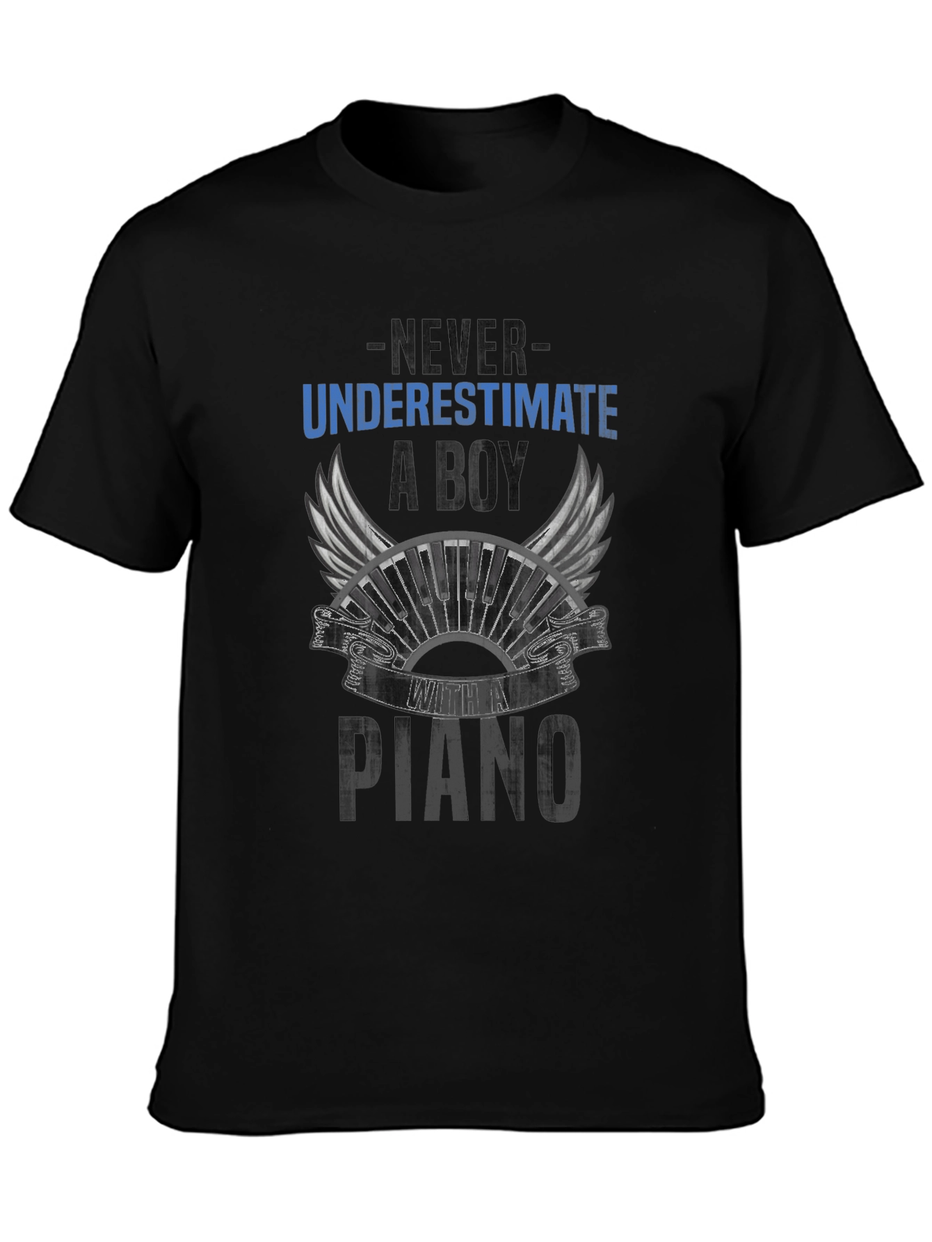 Never Underestimate a Boy with Piano Black T-Shirt