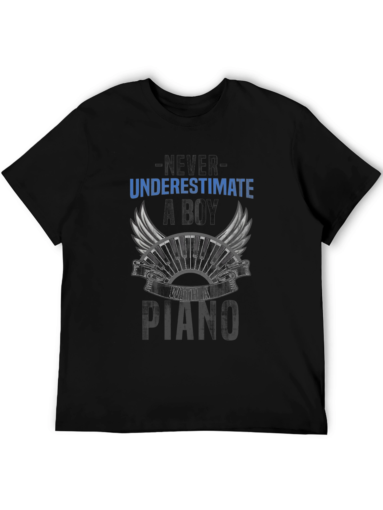 Never Underestimate a Boy with Piano Black T-Shirt