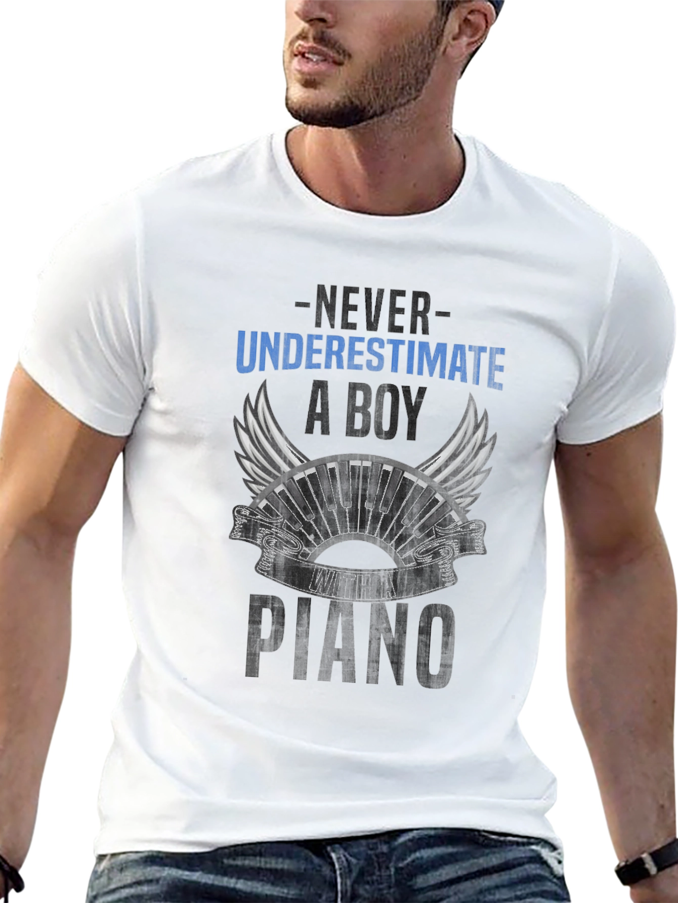 Never Underestimate a Boy with Piano Black T-Shirt