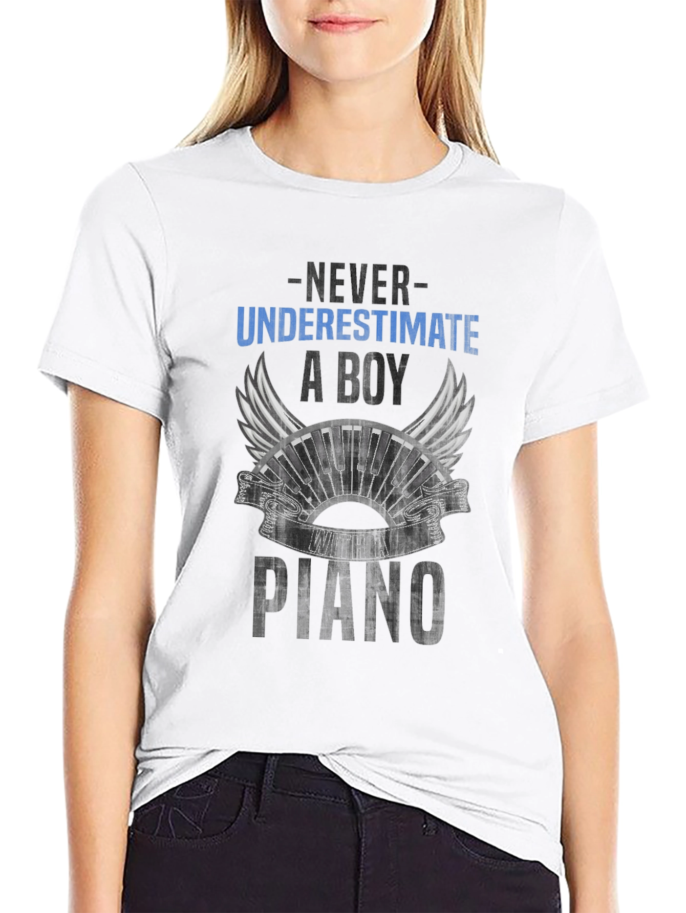 Never Underestimate a Boy with Piano Black T-Shirt