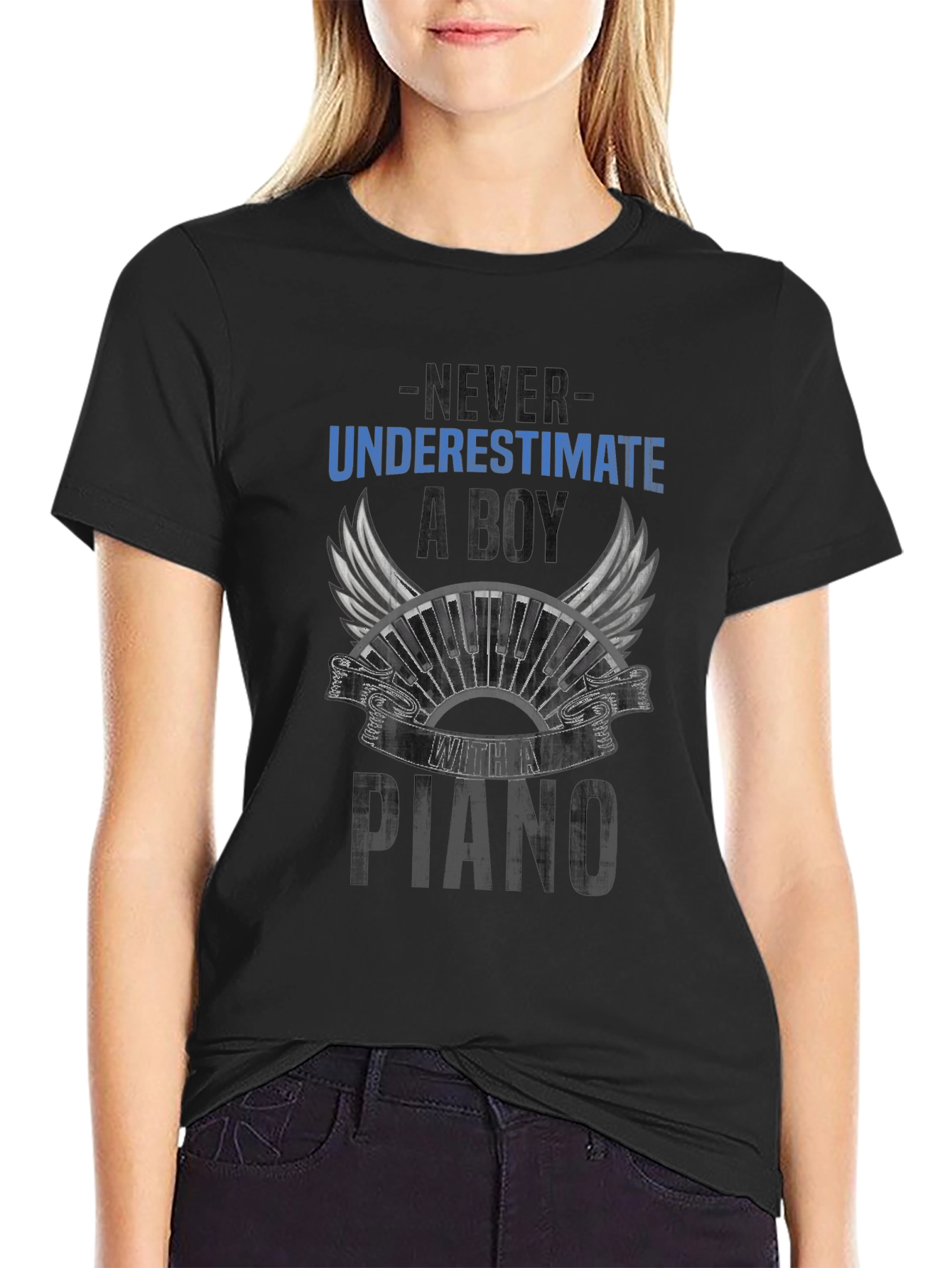Never Underestimate a Boy with Piano Black T-Shirt