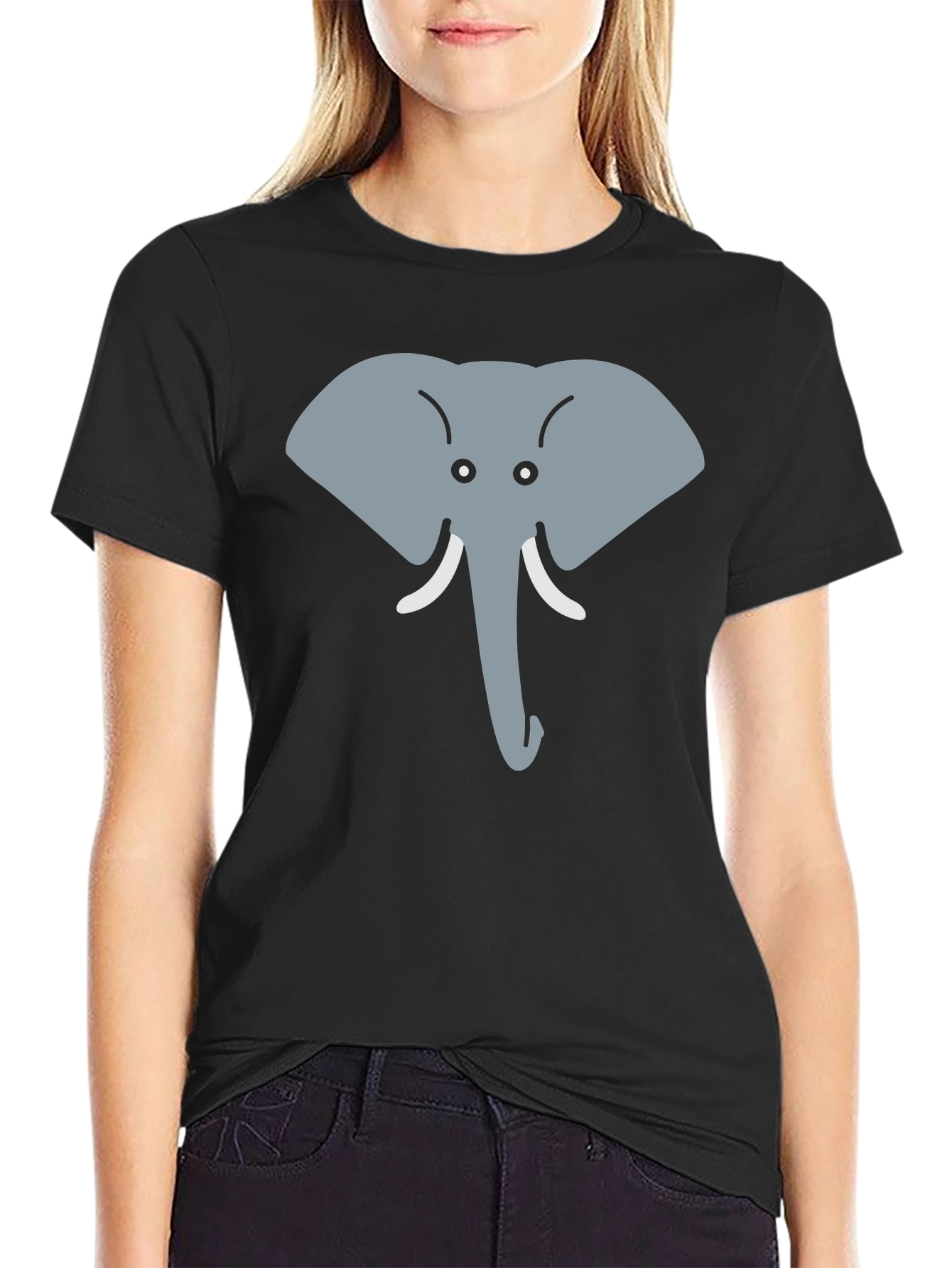 Cartoon Elephant Graphic Tee - Black Cotton Casual Top
