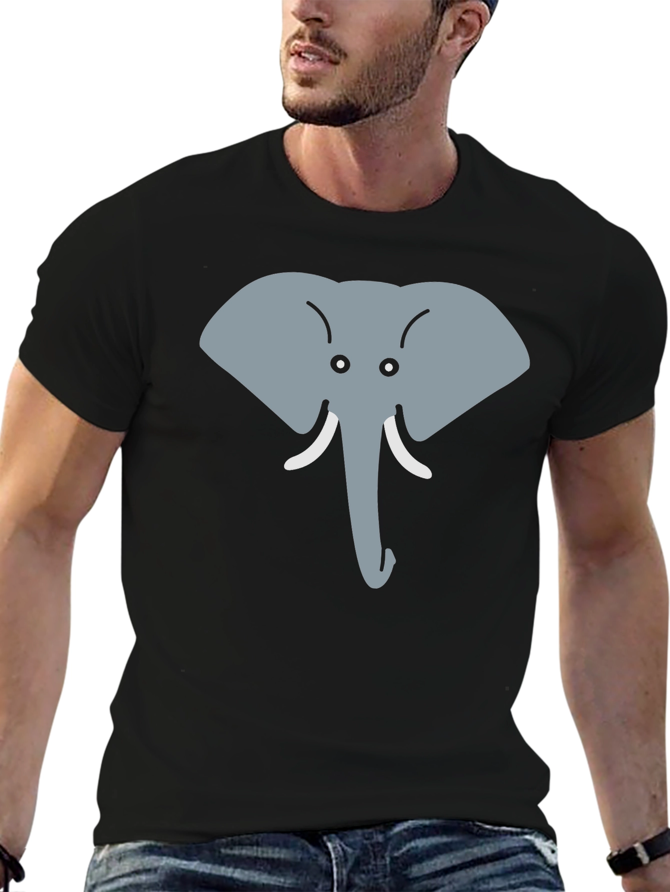 Cartoon Elephant Graphic Tee - Black Cotton Casual Top