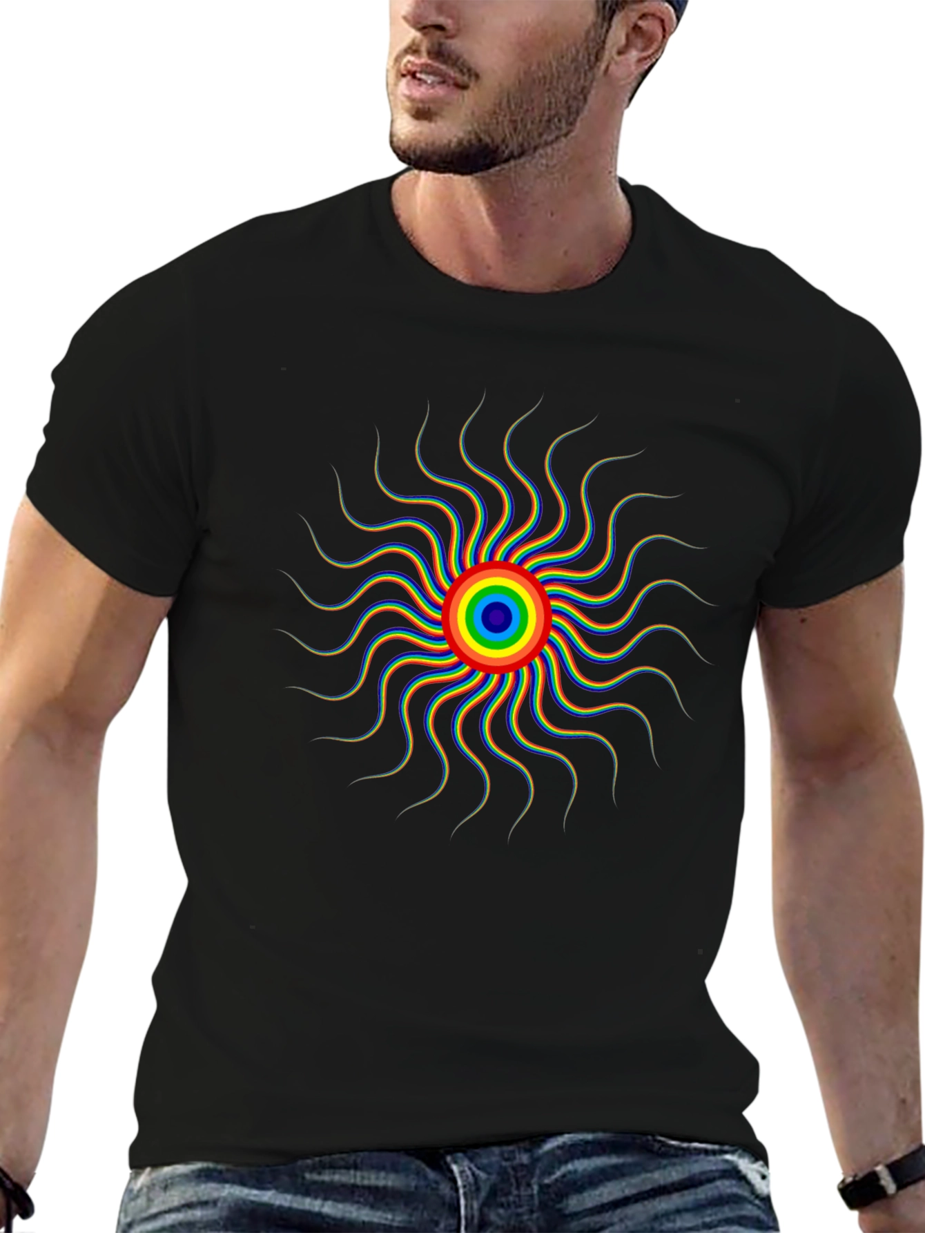 Rainbow Sunburst Graphic Black T-Shirt