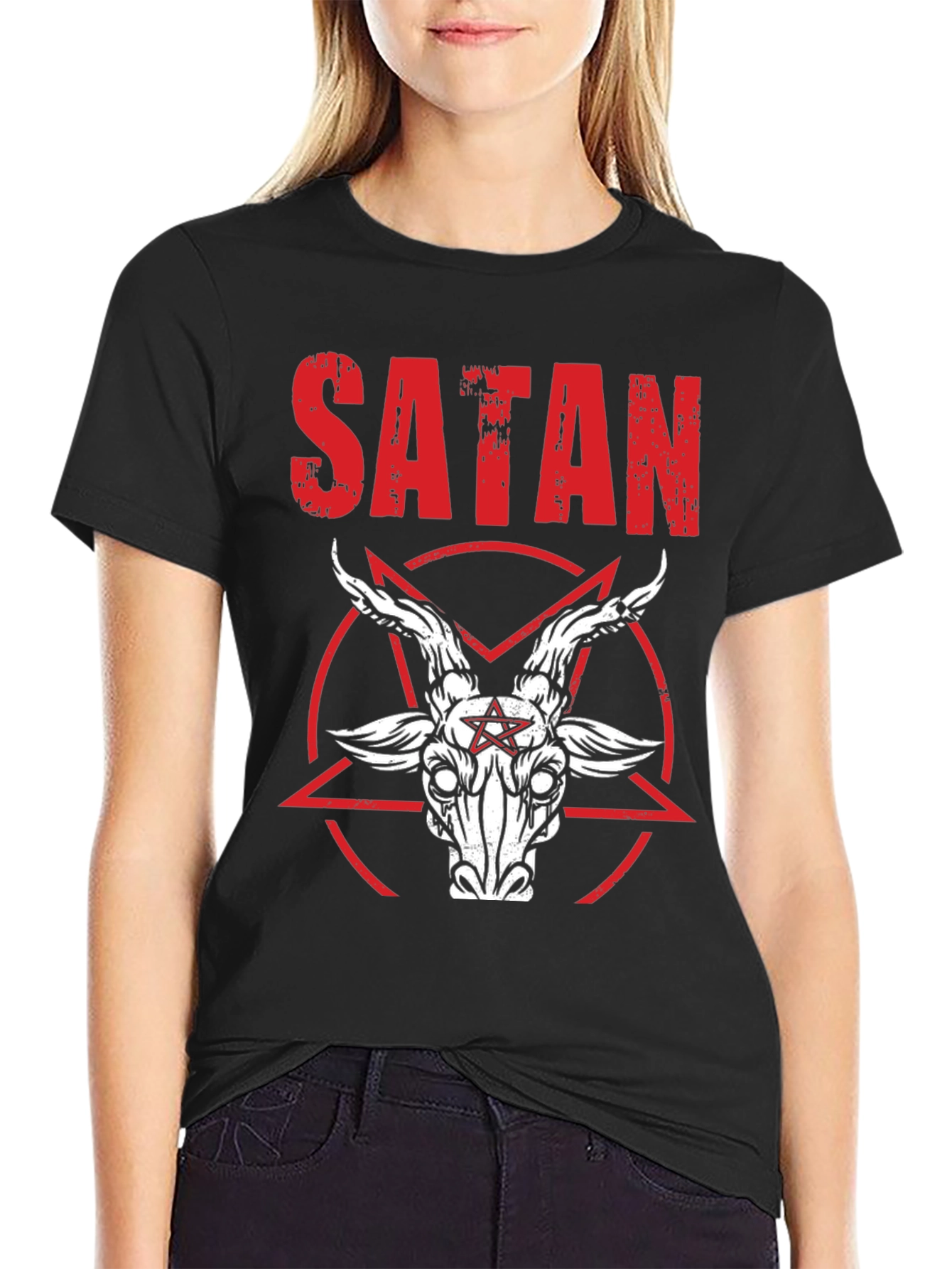 Satanic Goat Head Graphic Tee - Distressed Print