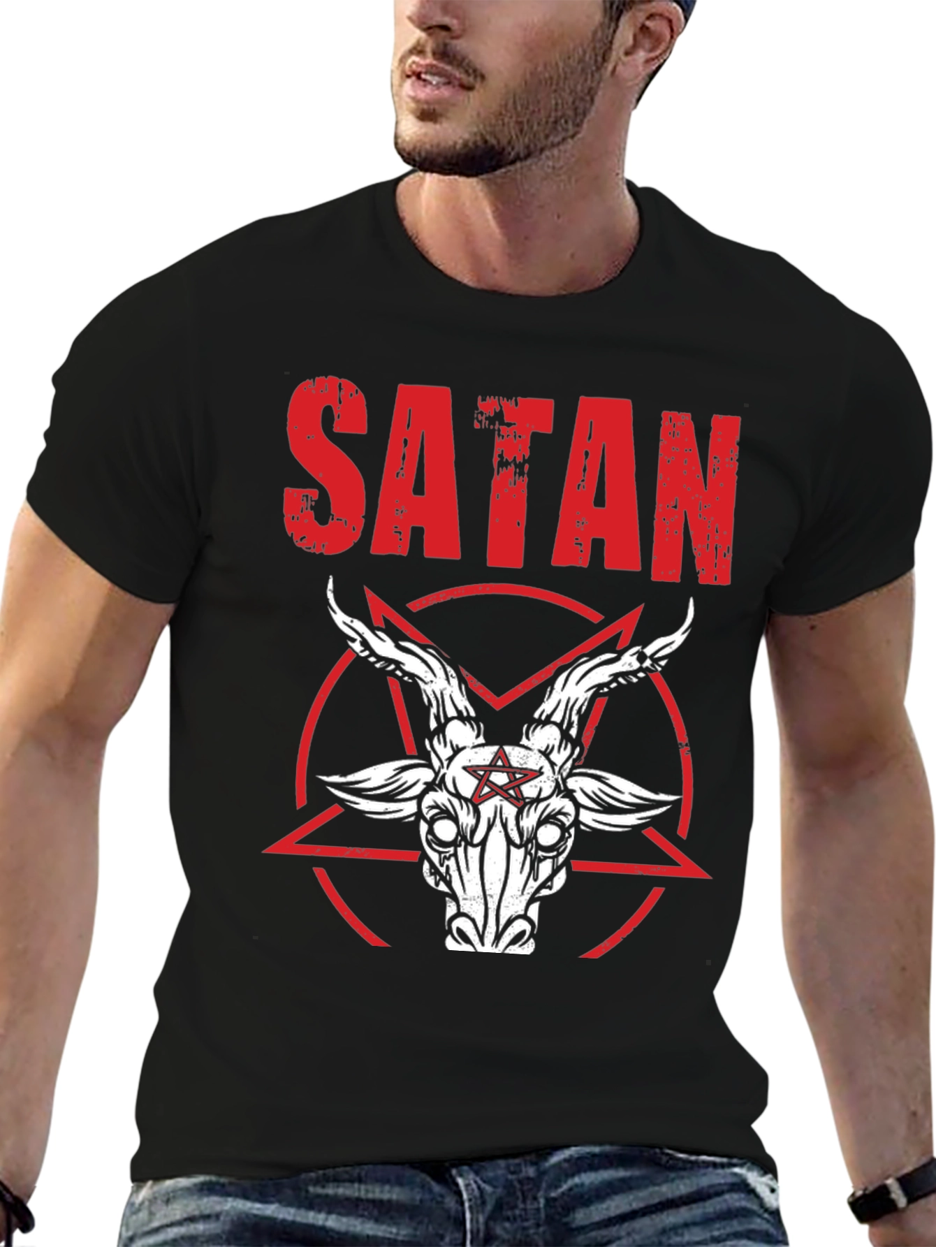 Satanic Goat Head Graphic Tee - Distressed Print