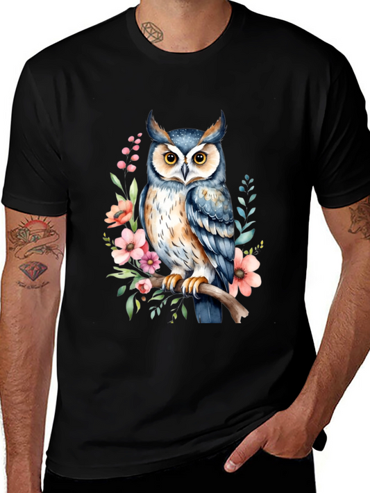 Owl Floral Graphic Tee - Black Cotton Casual Shirt