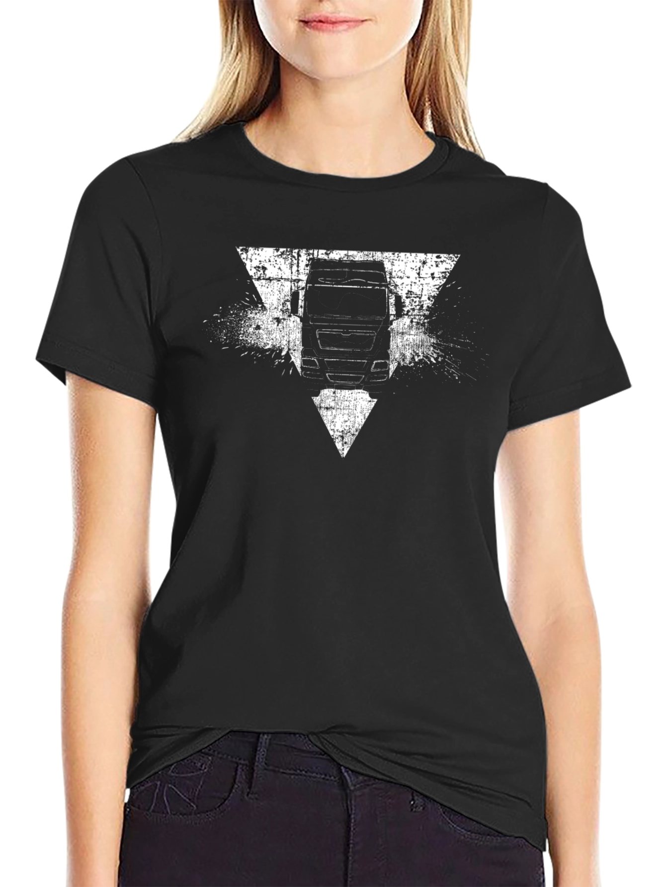 Truck Triangle Grunge Graphic Tee - Black Cotton T-Shirt