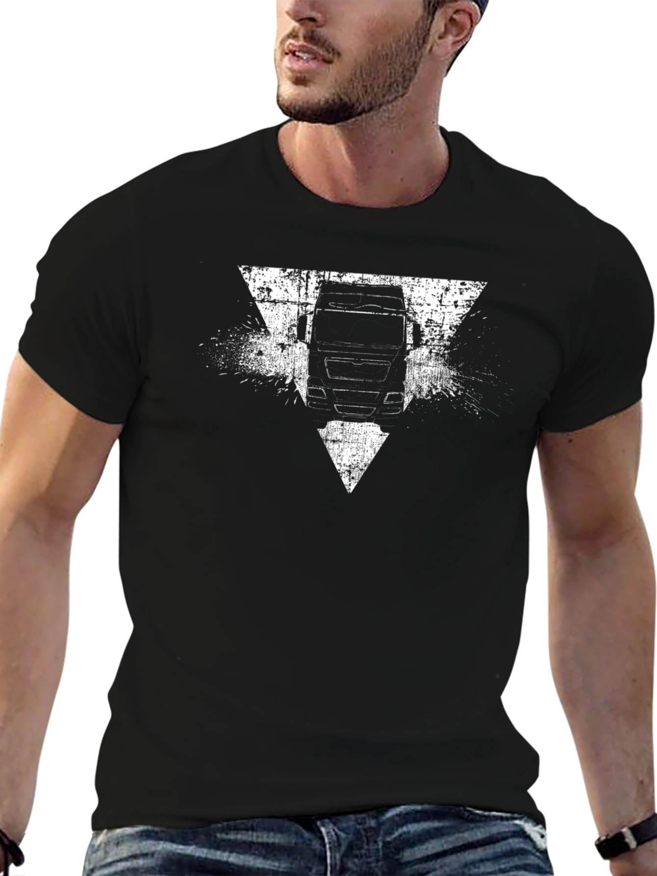Truck Triangle Grunge Graphic Tee - Black Cotton T-Shirt