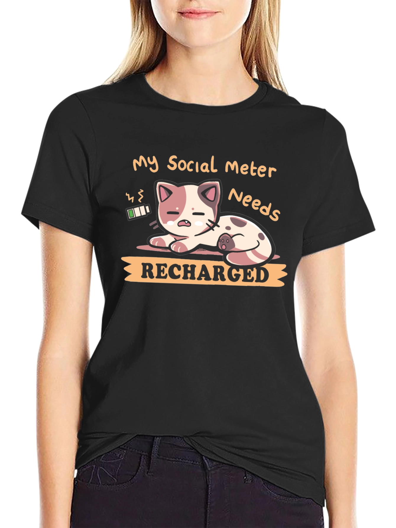 Social Meter Recharge Cat Graphic T-Shirt