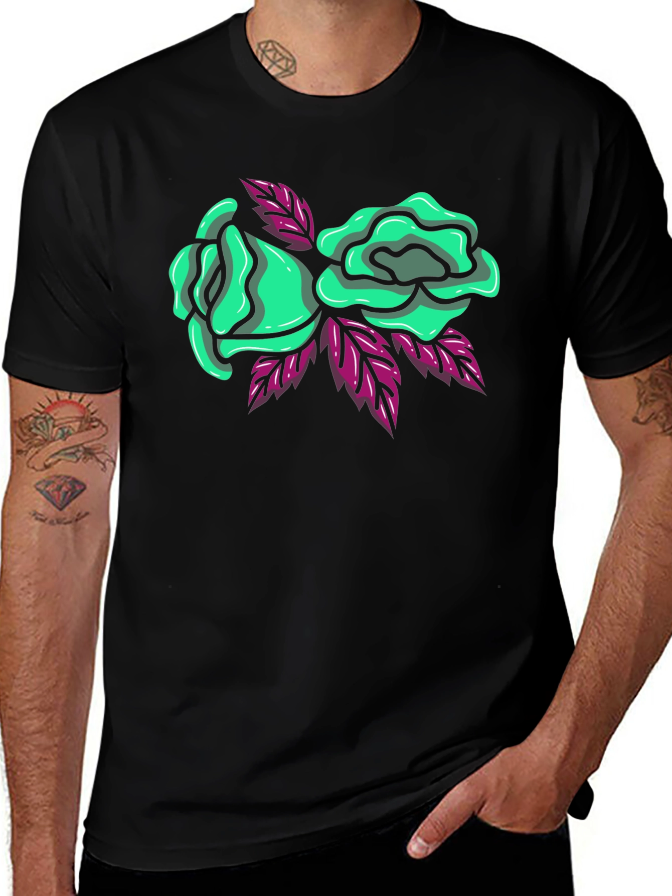 Black T-Shirt with Green Roses Graphic Print