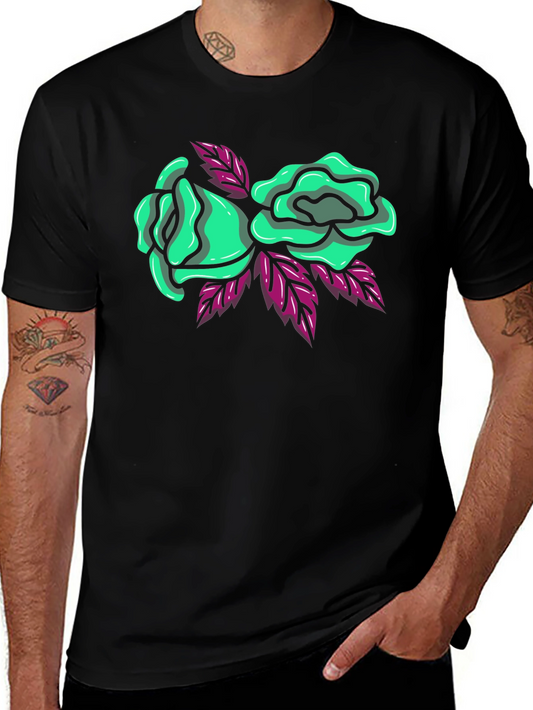 Black T-Shirt with Green Roses Graphic Print
