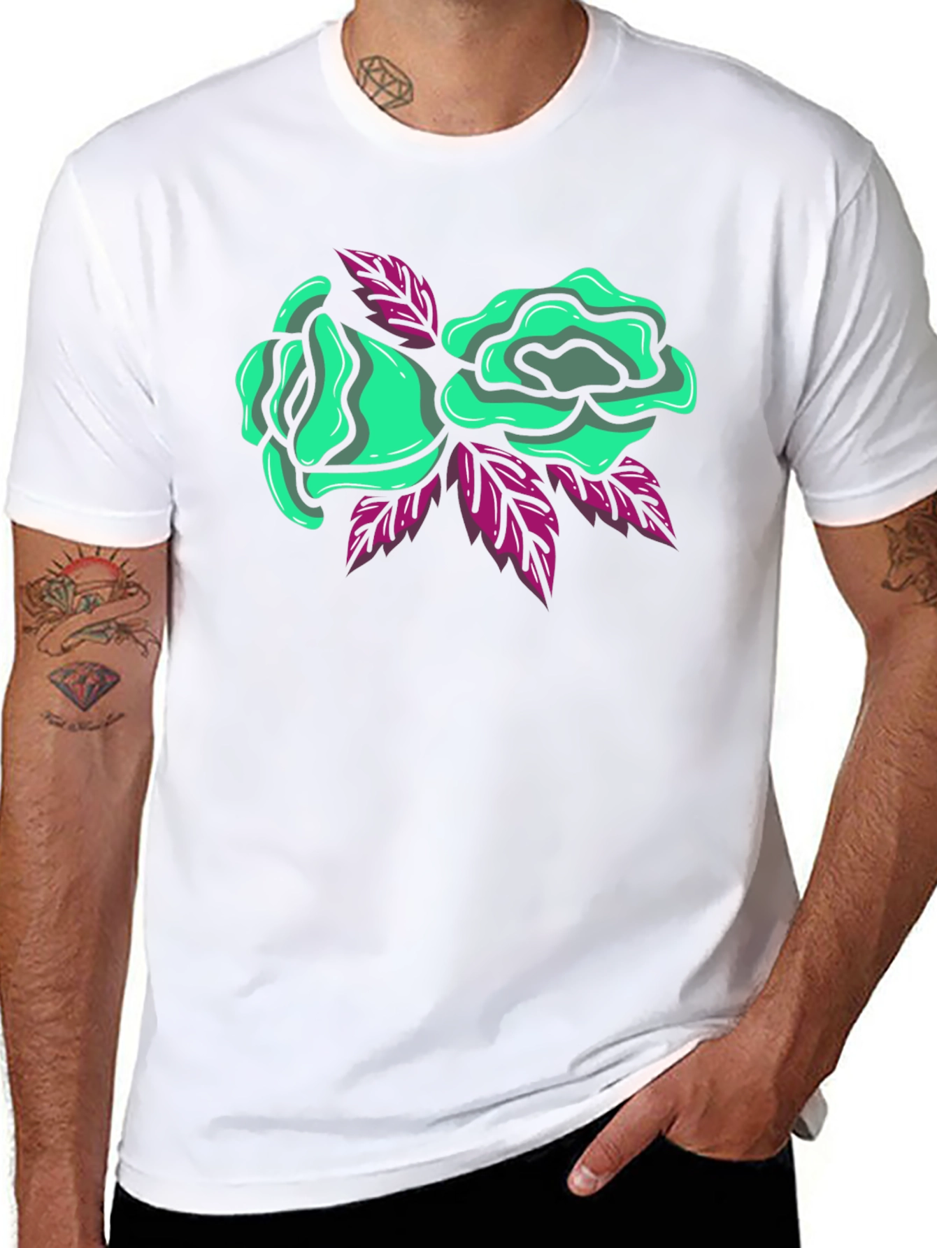 Black T-Shirt with Green Roses Graphic Print