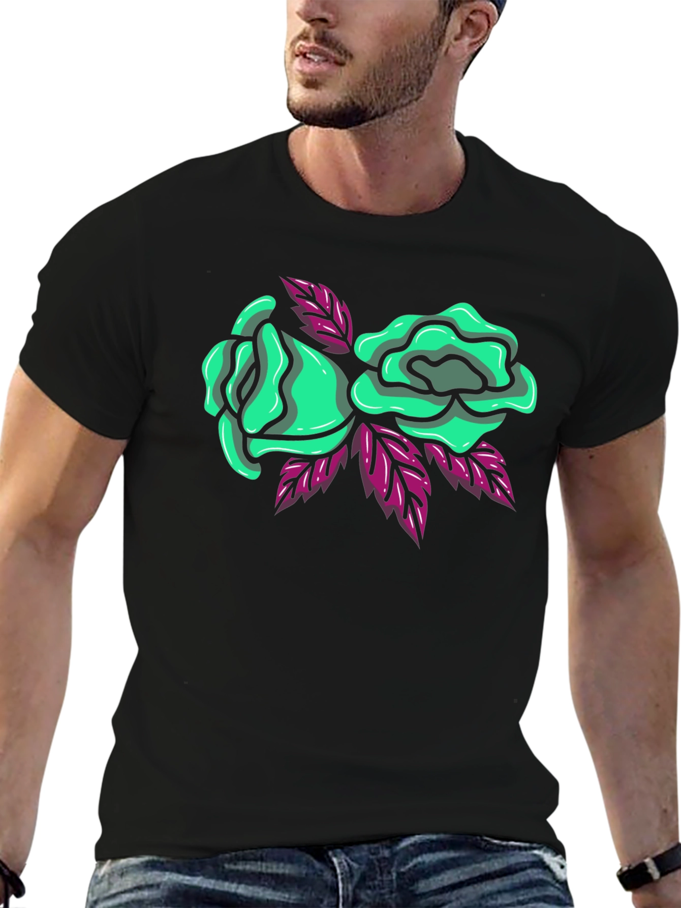 Black T-Shirt with Green Roses Graphic Print