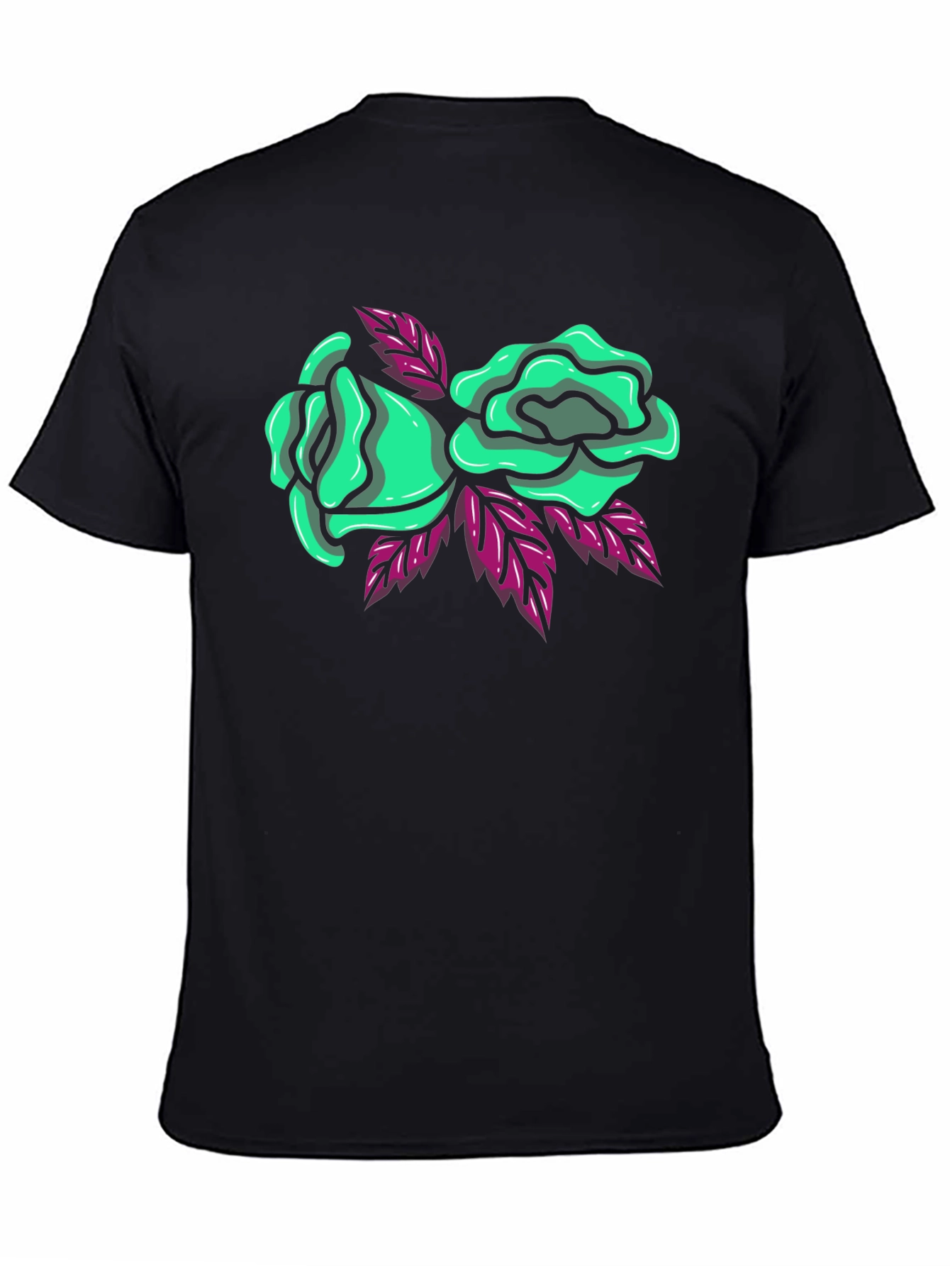 Black T-Shirt with Green Roses Graphic Print