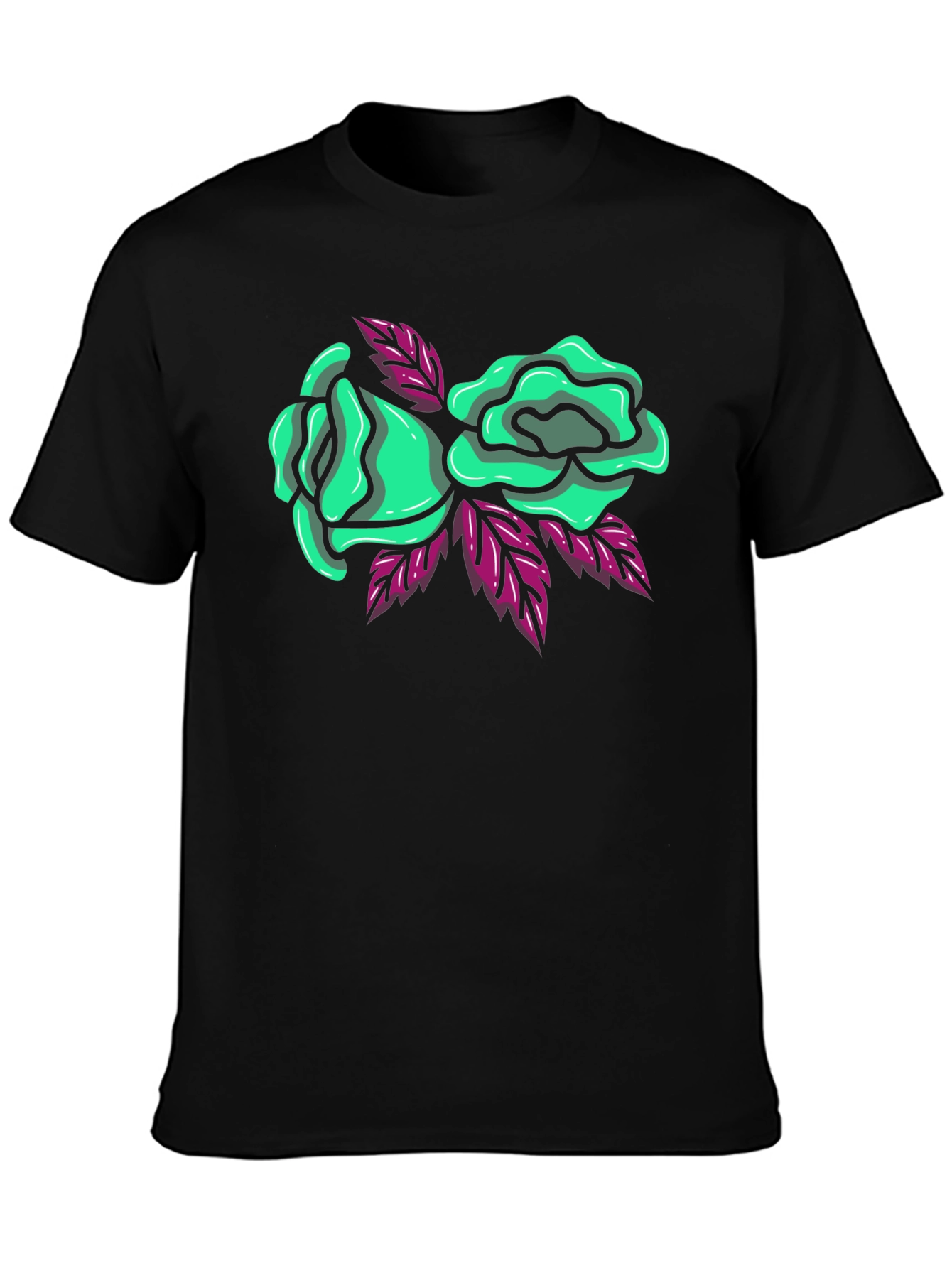 Black T-Shirt with Green Roses Graphic Print