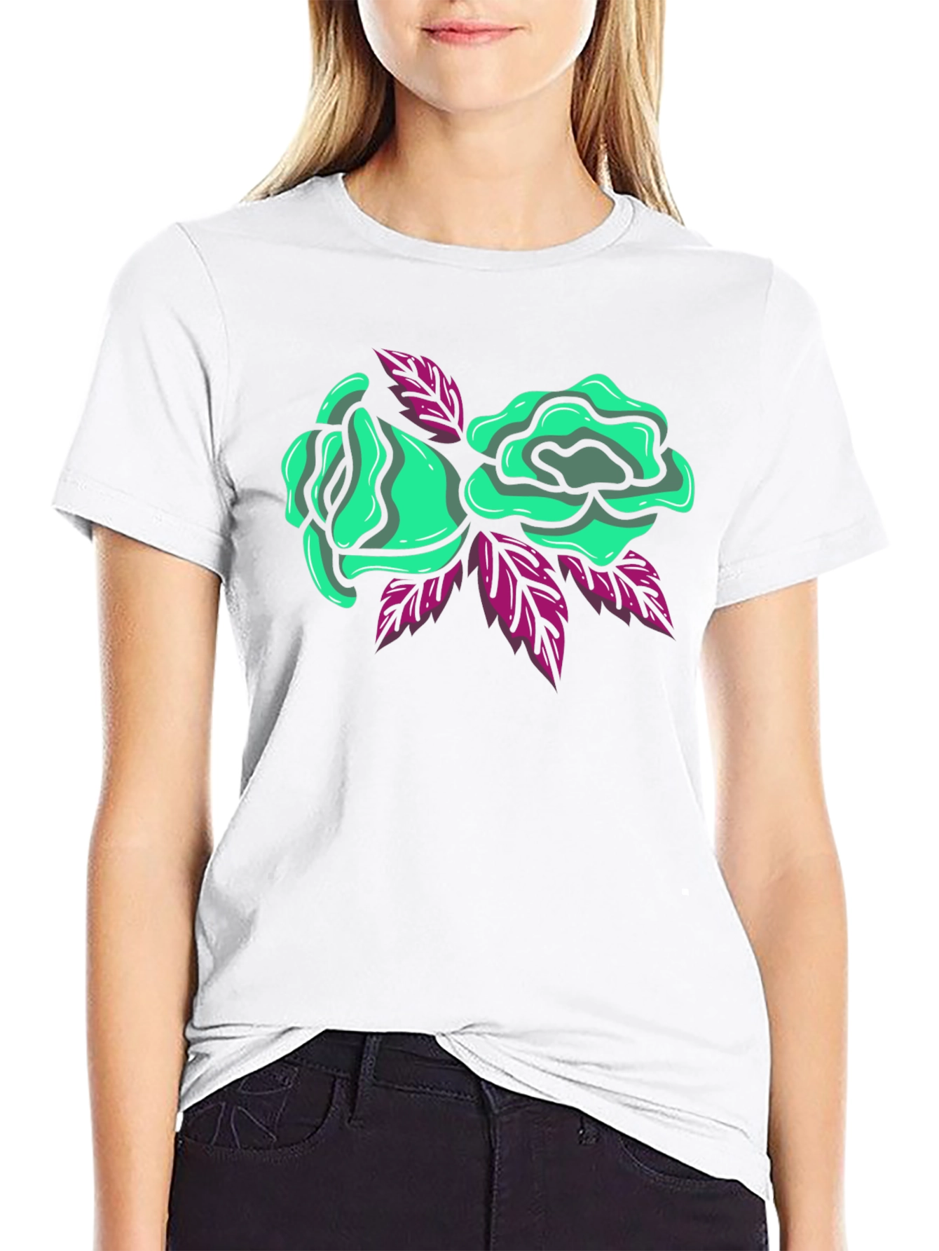 Black T-Shirt with Green Roses Graphic Print