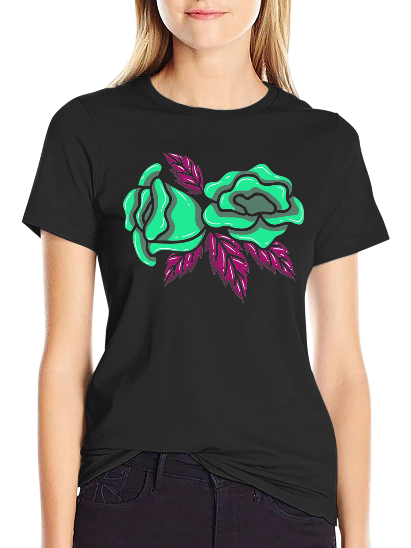 Black T-Shirt with Green Roses Graphic Print