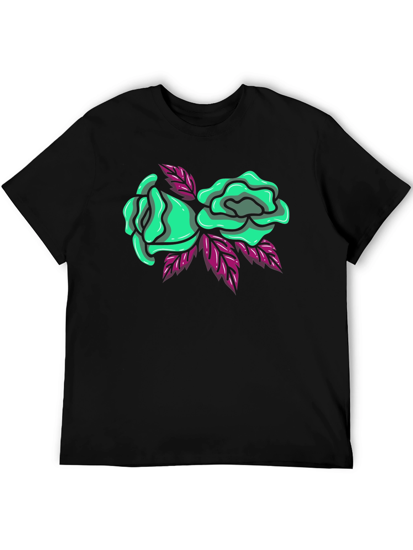 Black T-Shirt with Green Roses Graphic Print