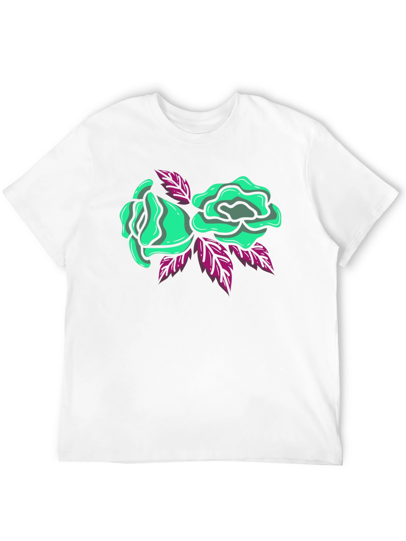 Black T-Shirt with Green Roses Graphic Print