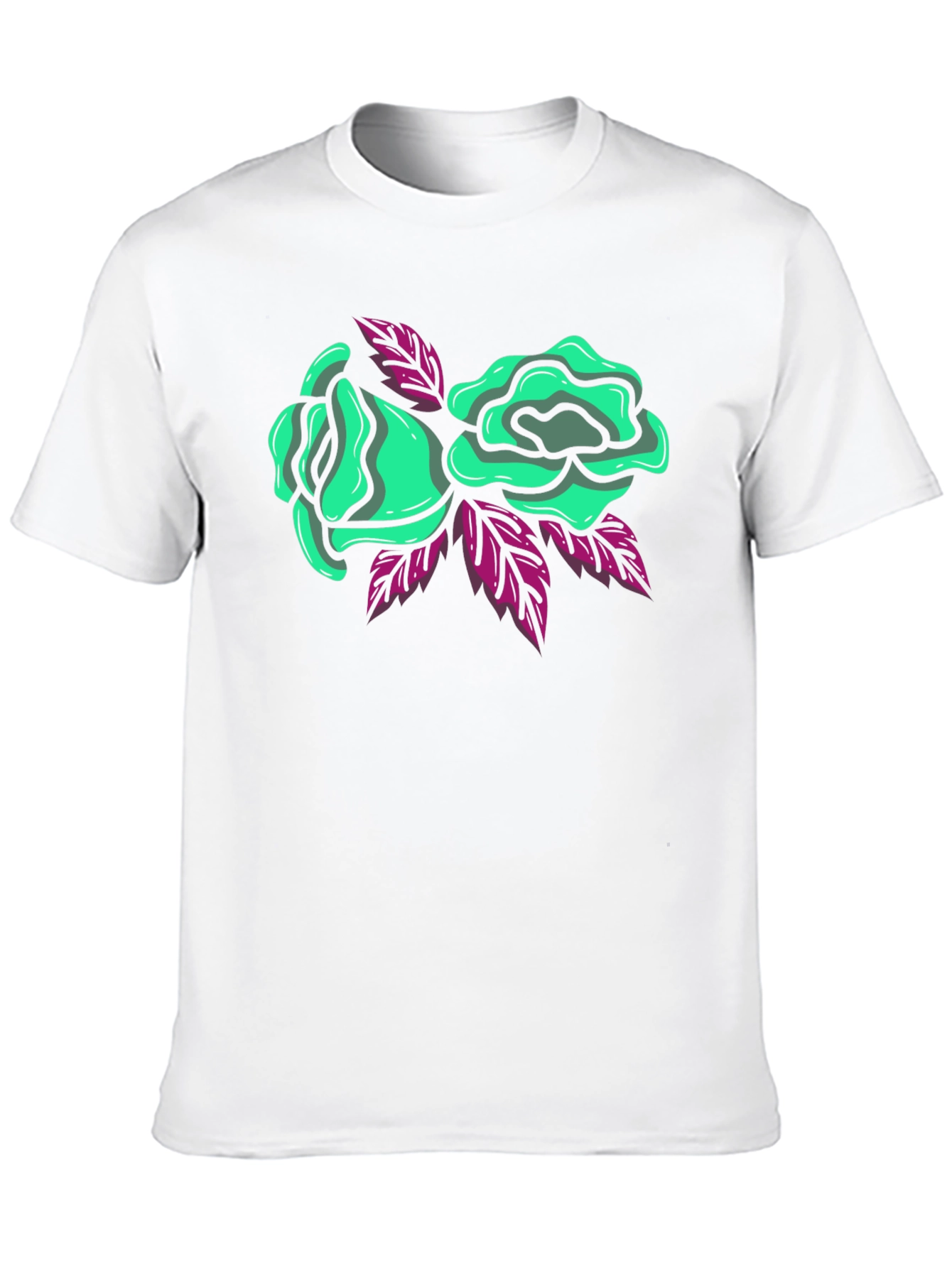 Black T-Shirt with Green Roses Graphic Print