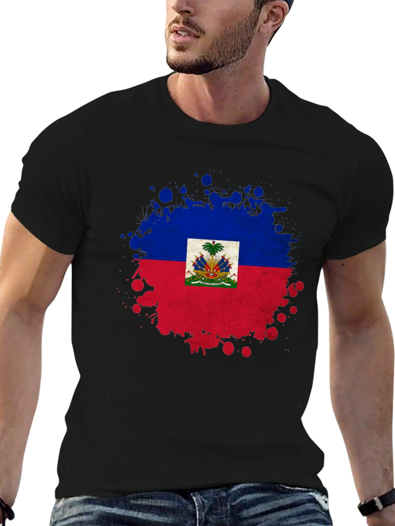 Haiti Flag Splatter Print Black T-Shirt
