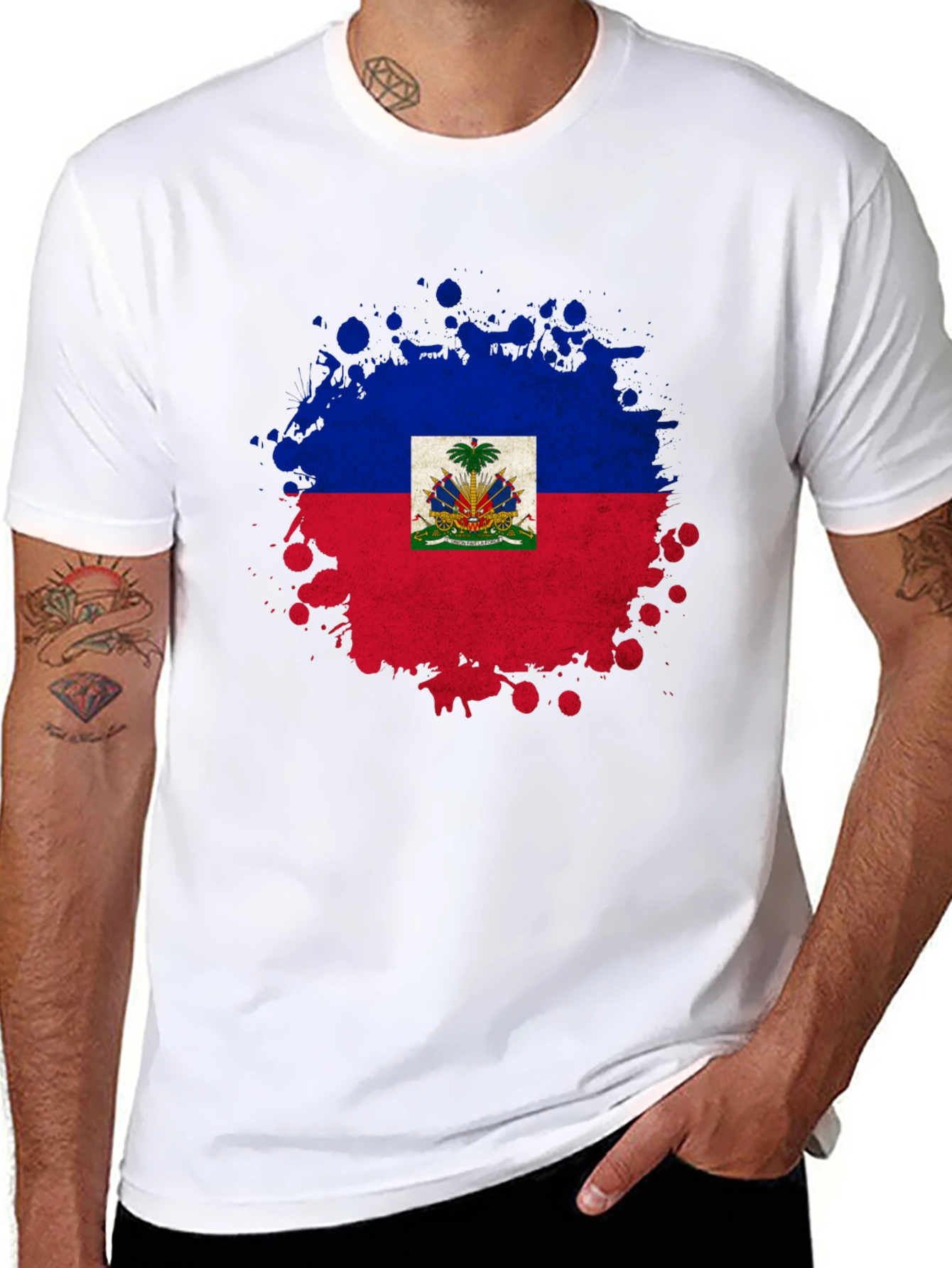 Haiti Flag Splatter Print Black T-Shirt